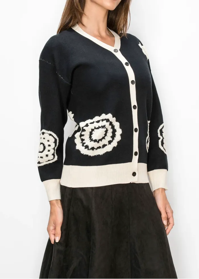 Black Cardigan with Cream Floral Motifs