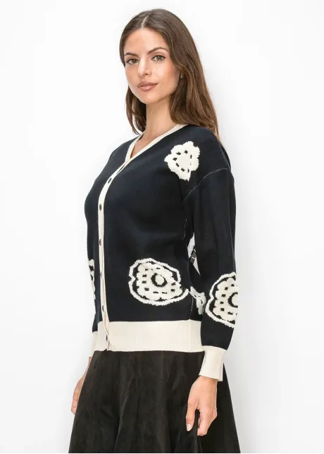 Black Cardigan with Cream Floral Motifs