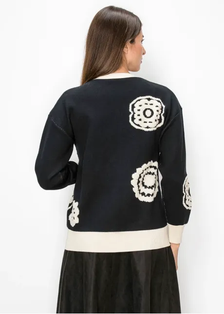 Black Cardigan with Cream Floral Motifs