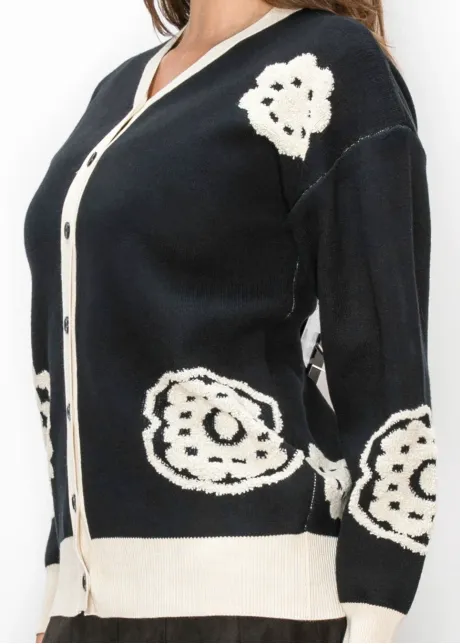 Black Cardigan with Cream Floral Motifs