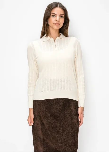 Quarter Zip Pointelle Sweater in Cream