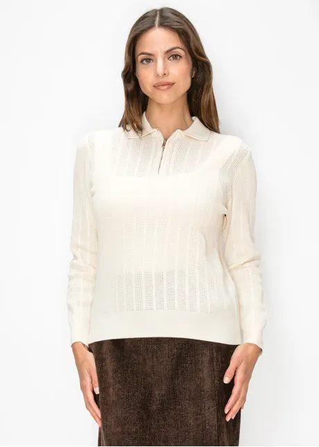 Quarter Zip Pointelle Sweater in Cream