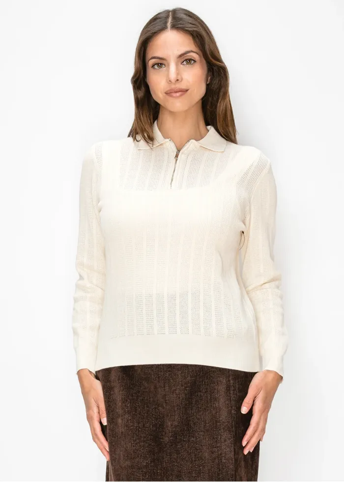 Quarter Zip Pointelle Sweater in Cream