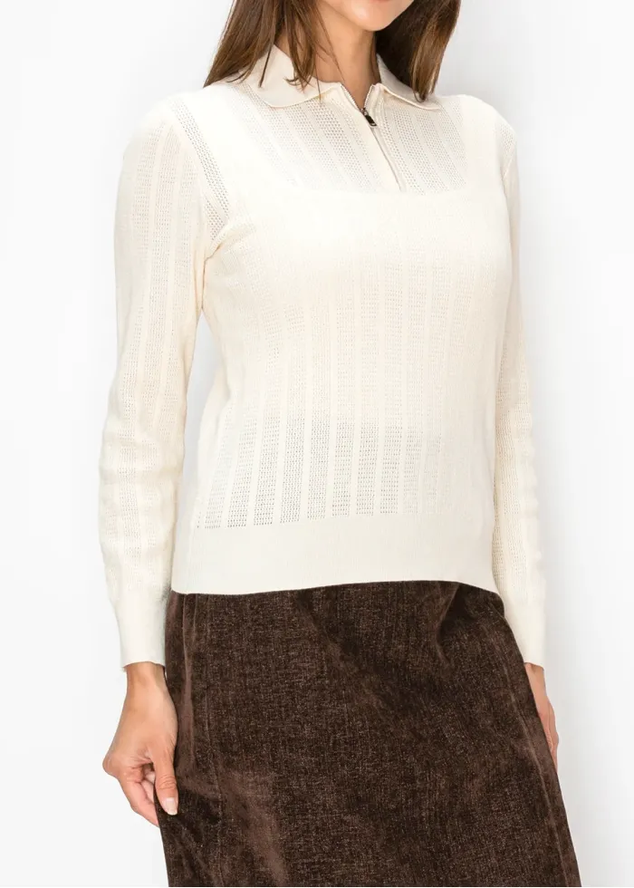Quarter Zip Pointelle Sweater in Cream