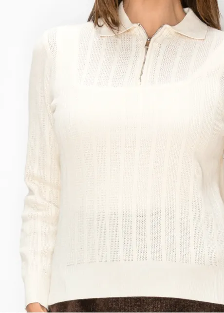 Quarter Zip Pointelle Sweater in Cream
