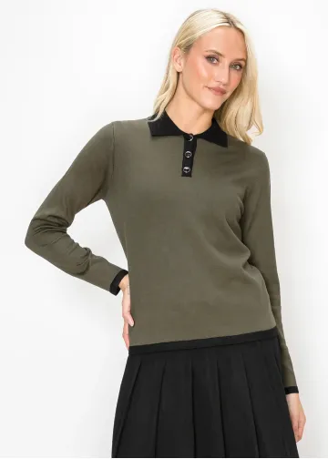 Olive Knit Polo Top with Black Collar