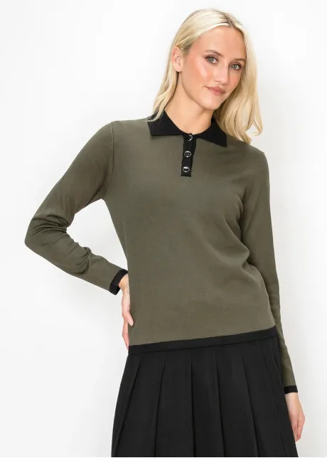 Olive Knit Polo Top with Black Collar