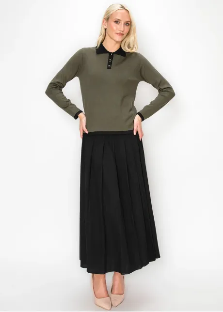 Olive Knit Polo Top with Black Collar