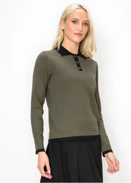 Olive Knit Polo Top with Black Collar