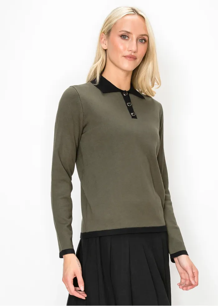 Olive Knit Polo Top with Black Collar