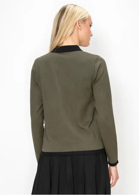 Olive Knit Polo Top with Black Collar