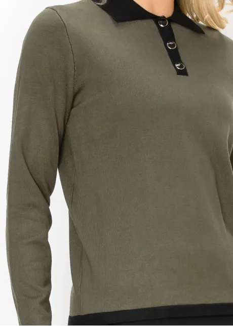 Olive Knit Polo Top with Black Collar