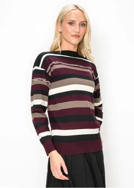 Multi Stripe Knit Pullover in Burgundy