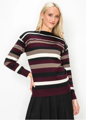 Multi Stripe Knit Pullover in Burgundy