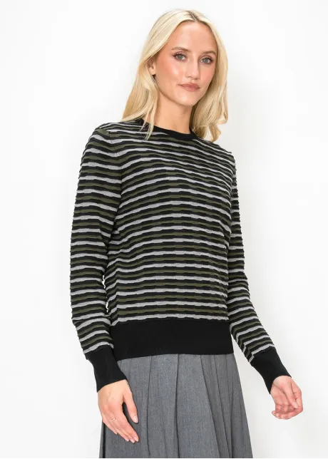 Striped Crew Neck Sweater in Olive and Black