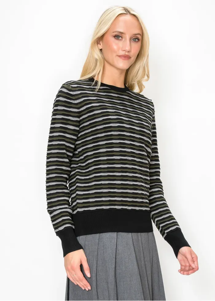 Striped Crew Neck Sweater in Olive and Black