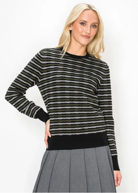 Striped Crew Neck Sweater in Olive and Black