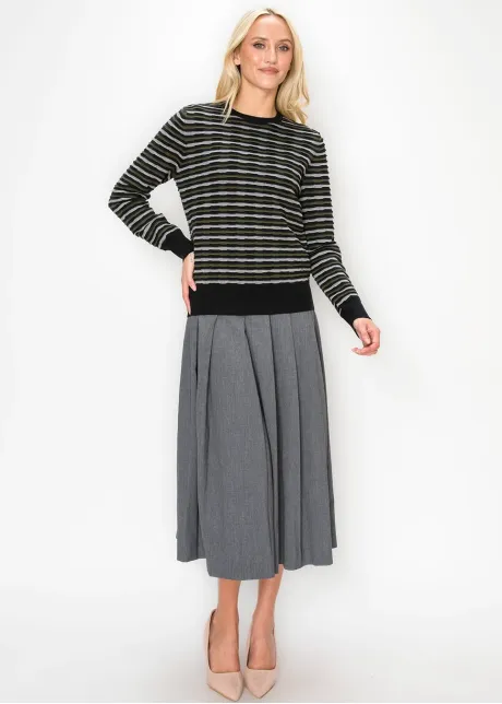 Striped Crew Neck Sweater in Olive and Black