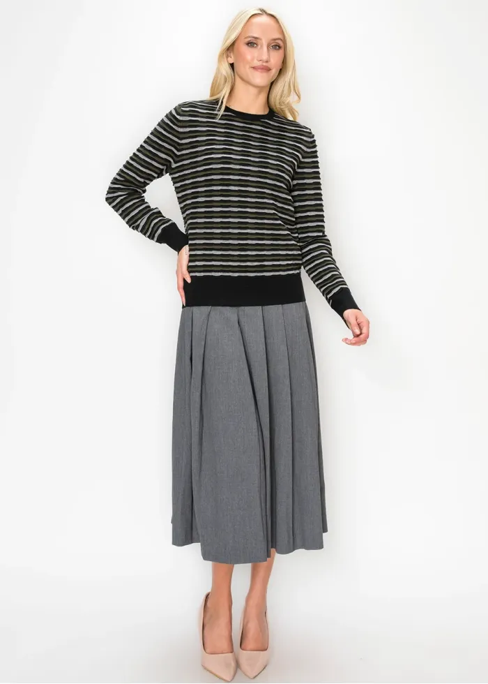 Striped Crew Neck Sweater in Olive and Black