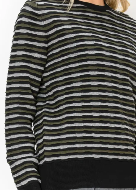 Striped Crew Neck Sweater in Olive and Black