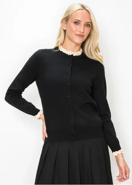 Black Cardigan with Cream Ruffle Trim