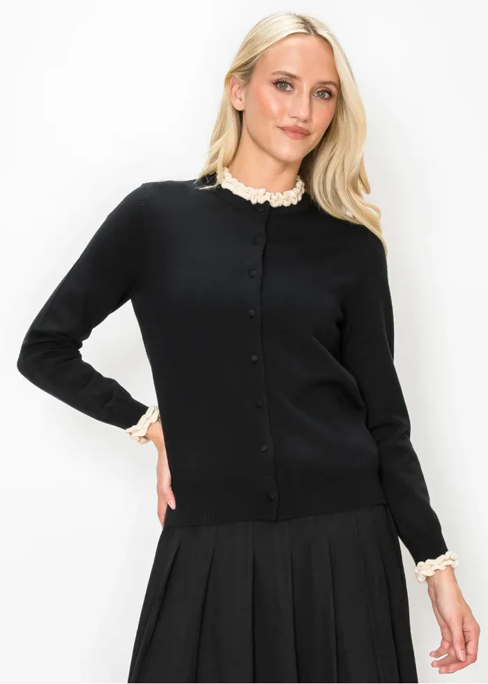 Black Cardigan with Cream Ruffle Trim