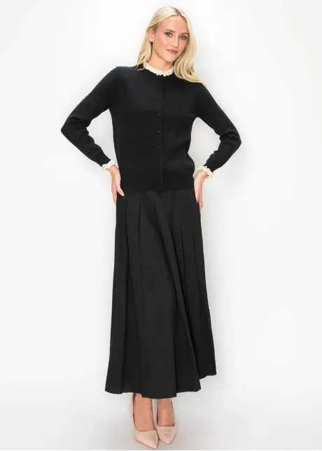 Black Cardigan with Cream Ruffle Trim
