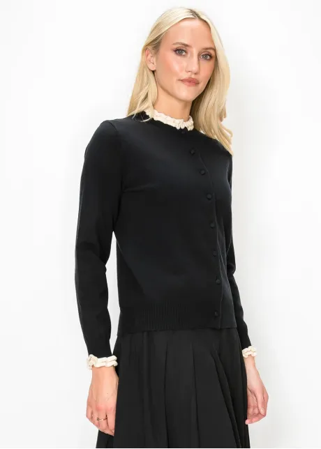 Black Cardigan with Cream Ruffle Trim