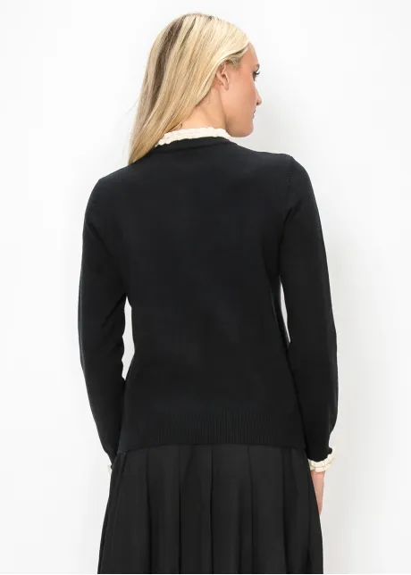 Black Cardigan with Cream Ruffle Trim