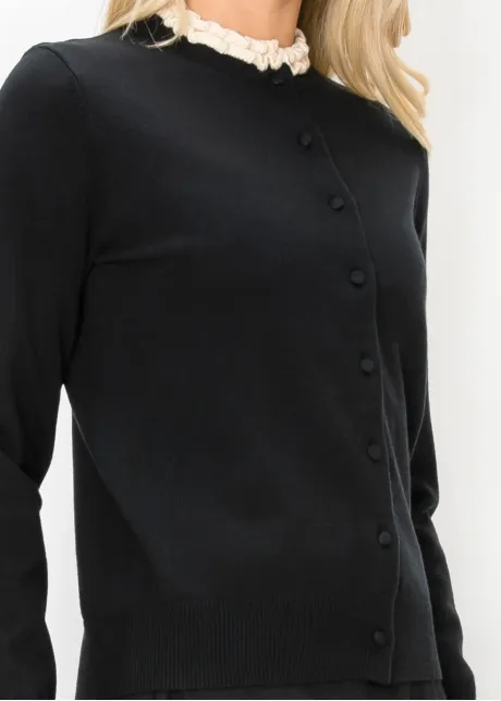 Black Cardigan with Cream Ruffle Trim