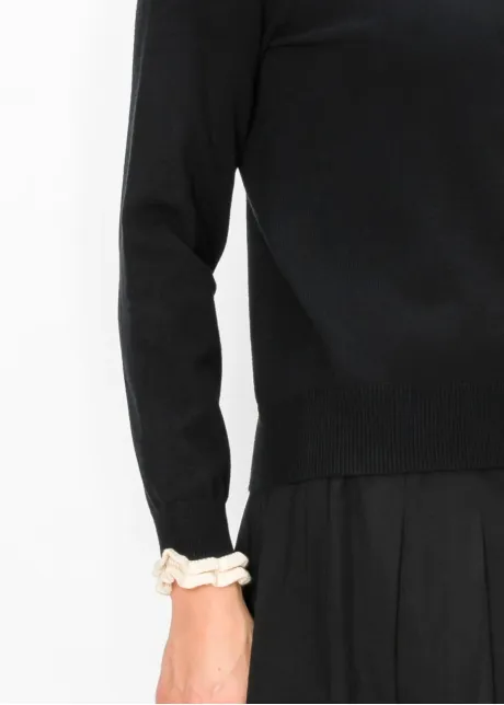 Black Cardigan with Cream Ruffle Trim