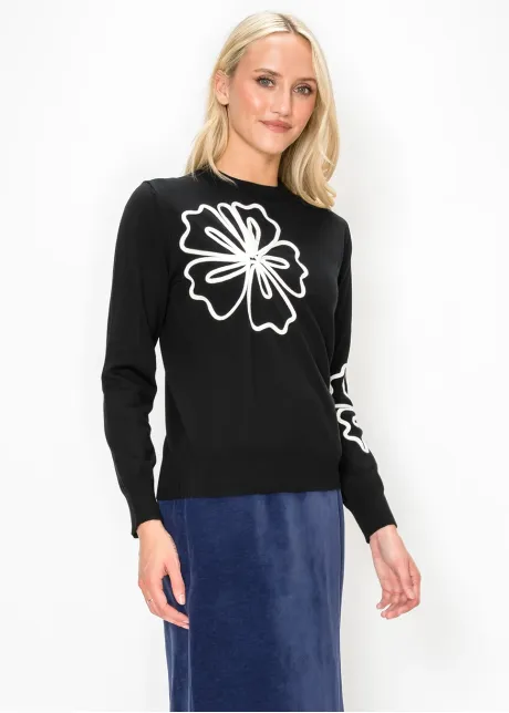Black Knit Top with Applique Flowers
