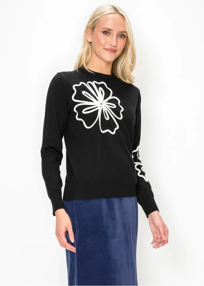 Black Knit Top with Applique Flowers