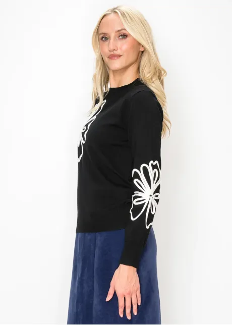 Black Knit Top with Applique Flowers