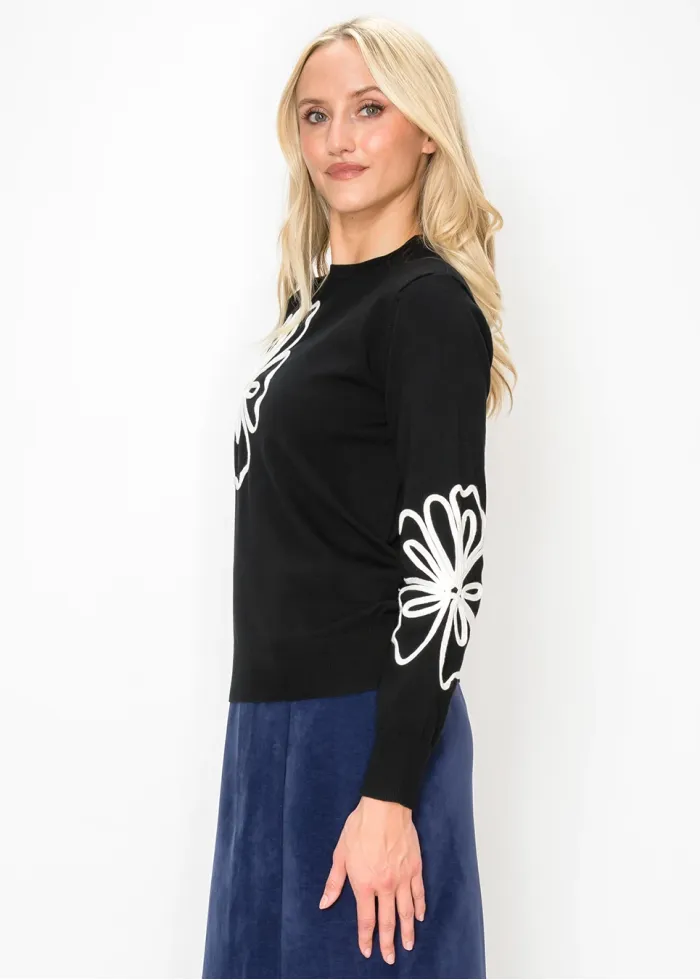 Black Knit Top with Applique Flowers