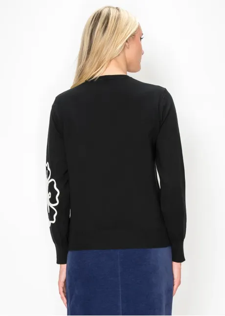 Black Knit Top with Applique Flowers
