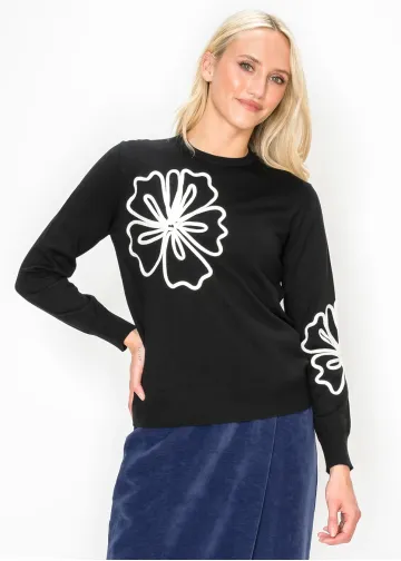 Black Knit Top with Applique Flowers