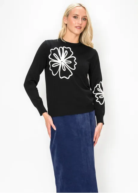 Black Knit Top with Applique Flowers
