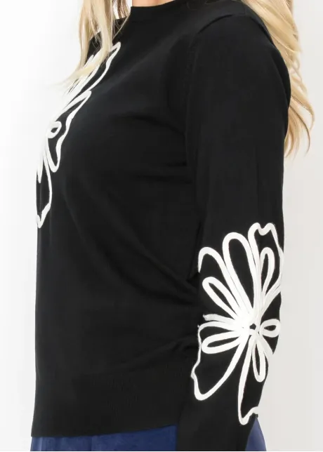 Black Knit Top with Applique Flowers