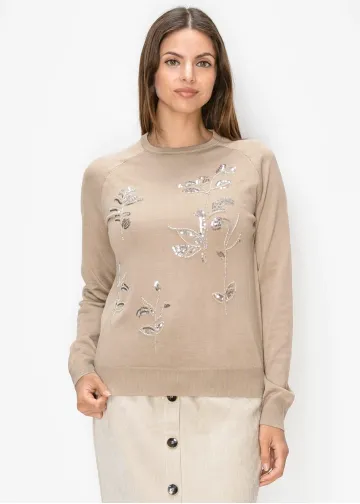Beige Sweater with Sequin Flowers