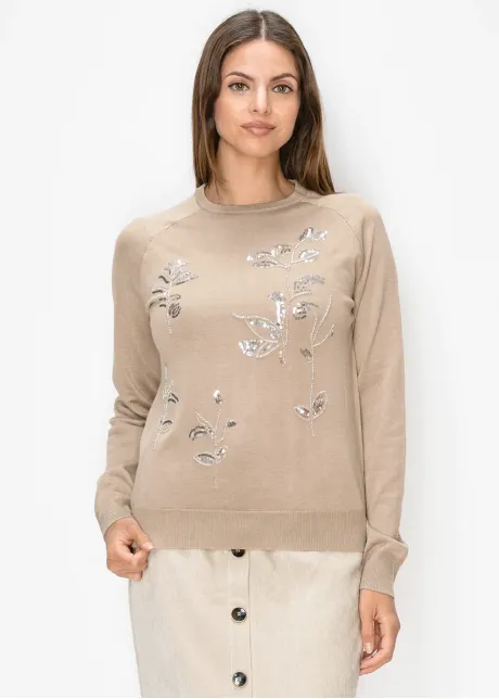 Beige Sweater with Sequin Flowers
