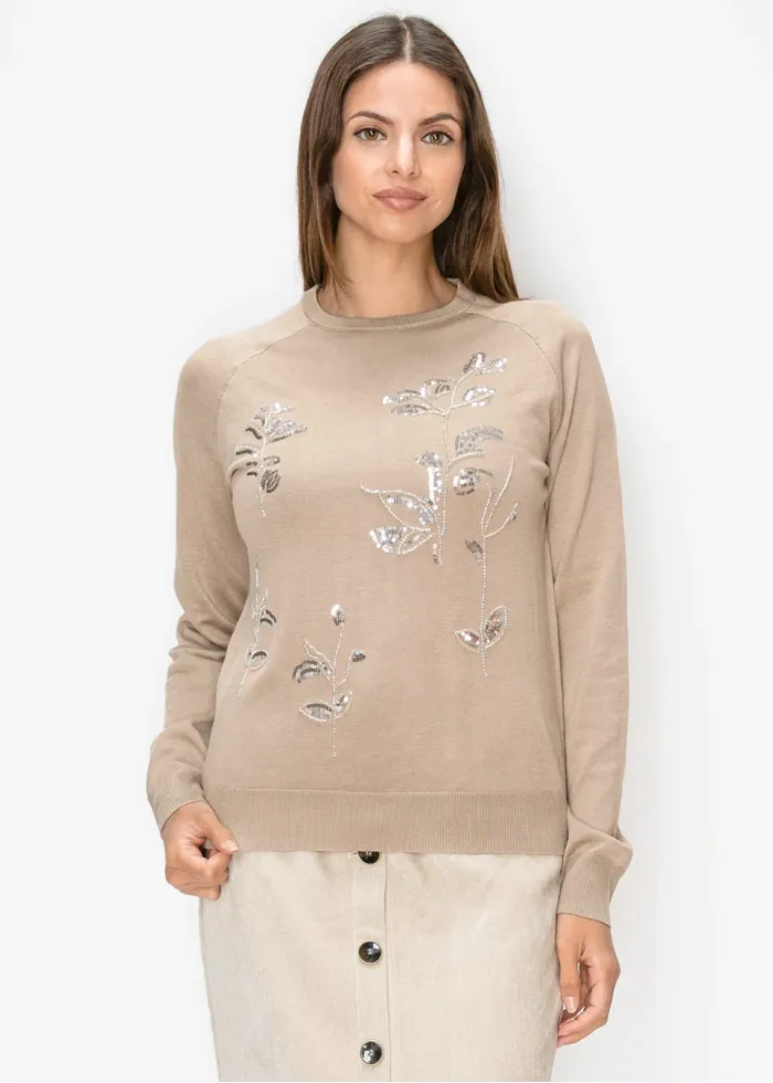 Beige Sweater with Sequin Flowers