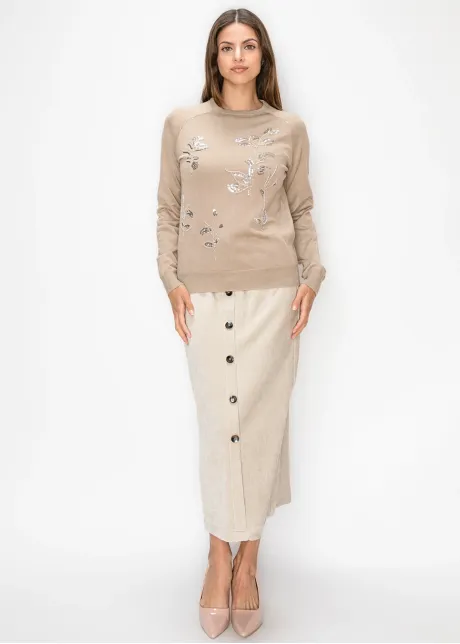 Beige Sweater with Sequin Flowers