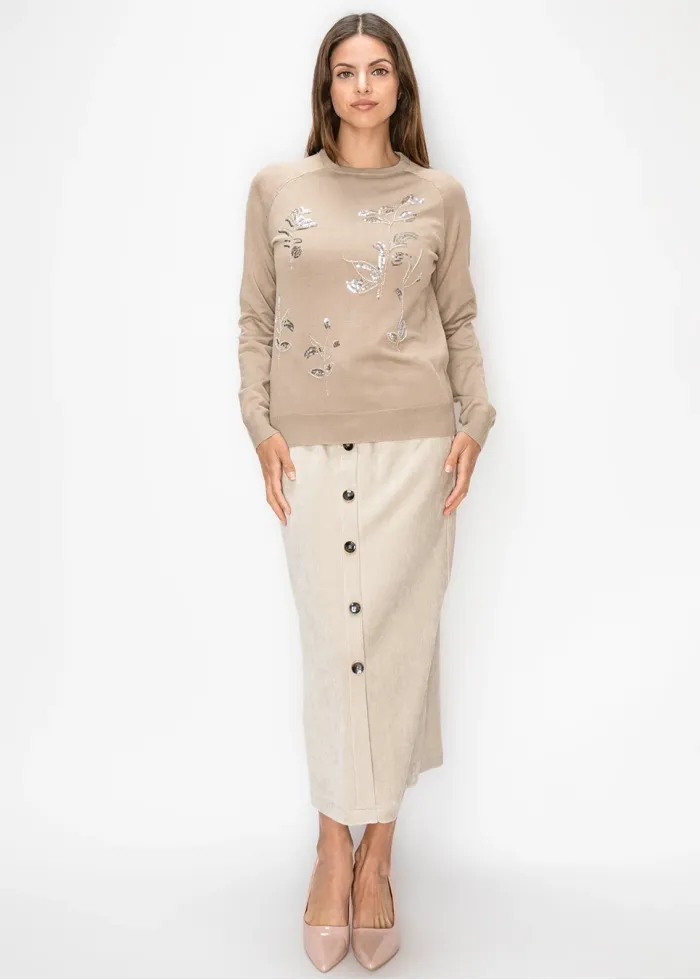 Beige Sweater with Sequin Flowers
