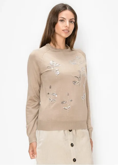 Beige Sweater with Sequin Flowers