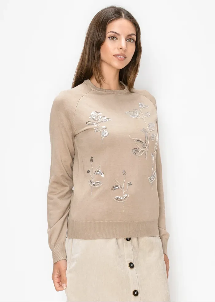 Beige Sweater with Sequin Flowers