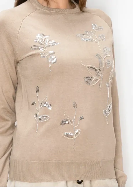 Beige Sweater with Sequin Flowers