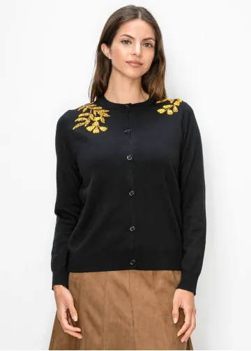 Gold Leaf Embroidery Knit Cardigan