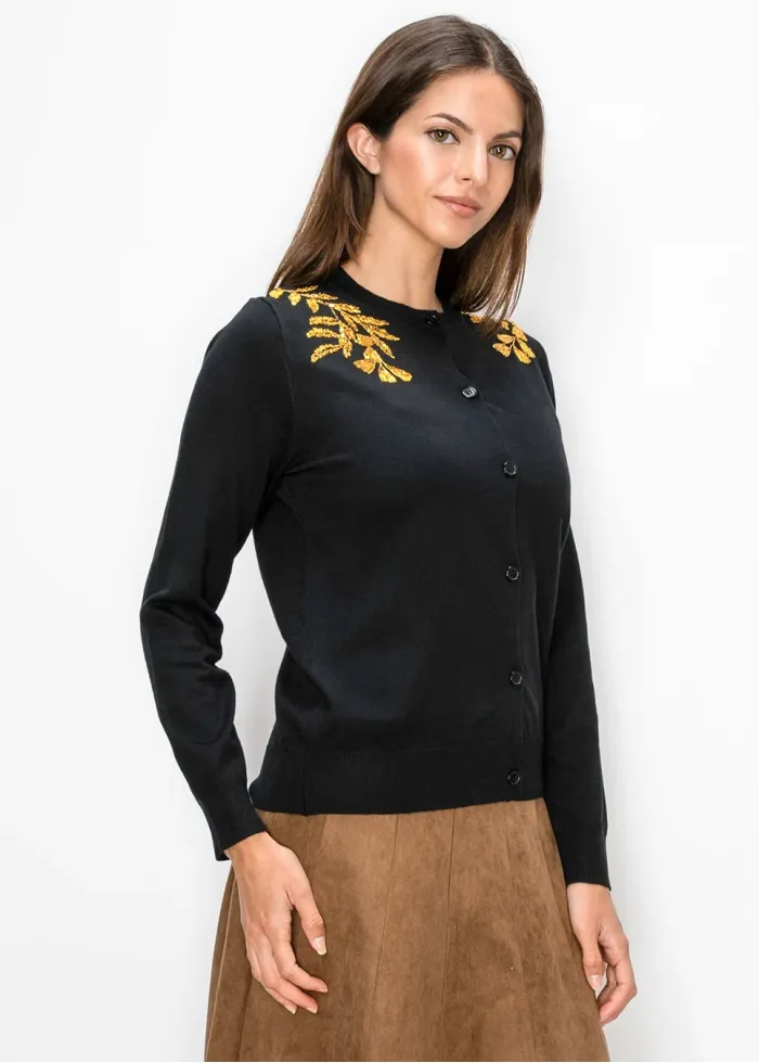 Gold Leaf Embroidery Knit Cardigan