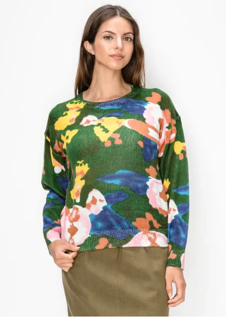 Abstract Watercolor Knit Pullover in Green